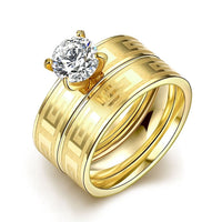 Stainless Steel Bridal Engagement Set Ring Gold Plated Zirconia Women B440