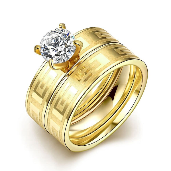 Stainless Steel Bridal Engagement Set Ring Gold Plated Zirconia Women B440