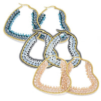 Stainless Steel Hoop Earrings Glass Beads Heart Gold DarkCyan 57.5x50x4mm  P619