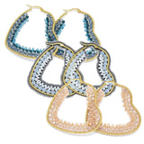 Stainless Steel Hoop Earrings Glass Beads Heart Gold DarkCyan 57.5x50x4mm  P619