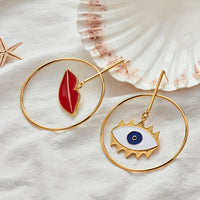 Ear Studs Set Dangle Earrings Asymmetrical Earrings Enamel Lip Eye Gold  P317