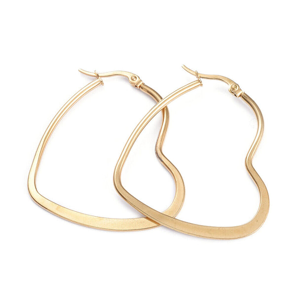 201 Stainless Steel Hoop Earrings 2MM Flat Heart Gold 1.8" Inches P547