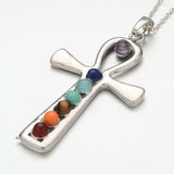 Platinum Plated Vintage Chakra Gemstone Cross Pendant Necklaces 18 inches Z656