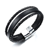 Stainless Steel Genuine Leather Bracelet Black Silver Men's Unisex Slide G382