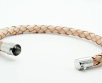 Men's Women's Braided Leather Stainless Steel Magnetic Clasp Bracelet Beige