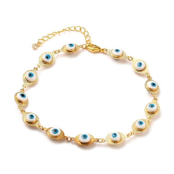 Brass Enamel Evil Eye Link Chains Anklet Bracelet Lobster Clasp Gold 9.6" Z7