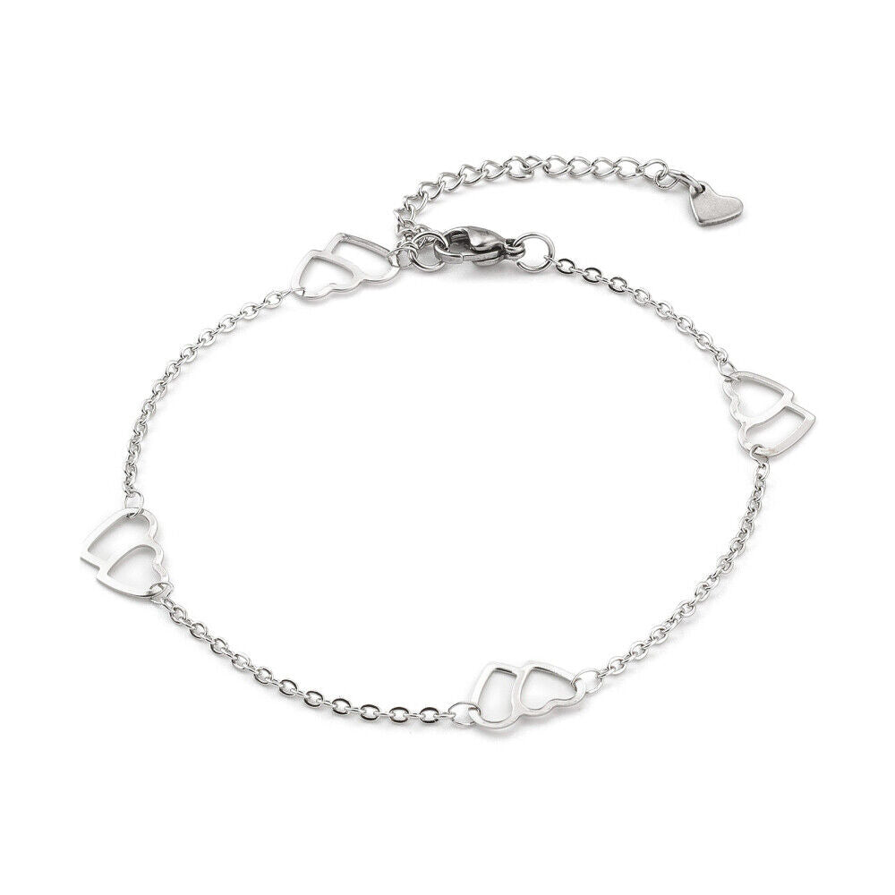 Stainless Steel Cable Anklet Bracelet Heart Lobster Silver Adjustable 8.7"  Z22