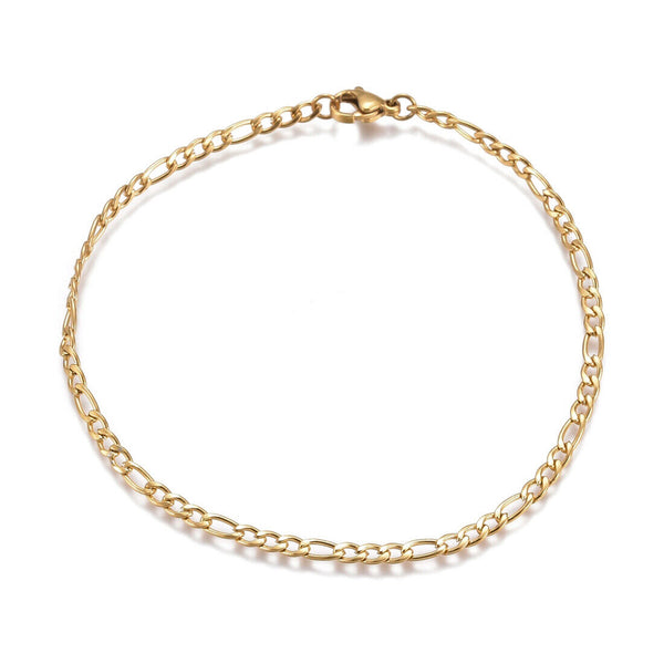 Stainless Steel Figaro Chain Bracelet Lobster Gold 8.66 inches 22cm 3mm Z487