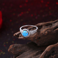 Platinum Plated Ring Womens Halo AAA Zirconia Opal Stone Blue B522