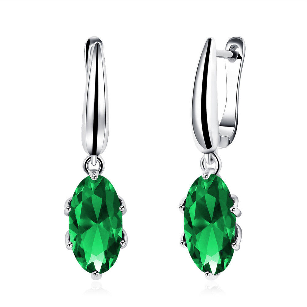 Platinum Plated Earrings Drop Dangle AAA Zirconia Green Latch Back Clasp L580