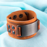 Leather Bracelet Black Brown 9 Inches 41MM Push button L452