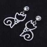 Stainless Steel Kitten Dangle Stud Earrings Zirconia Hollow Cat Silver Z375