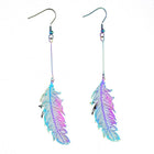 201 Stainless Steel Dangle Earrings Purple Electroplated Feather 98mm P154