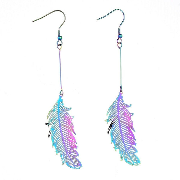 201 Stainless Steel Dangle Earrings Purple Electroplated Feather 98mm P154