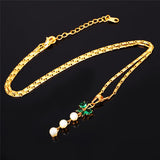 Gold Plated  Necklace Pendant Pearl Indian Cubic Zirconia Long Green L91