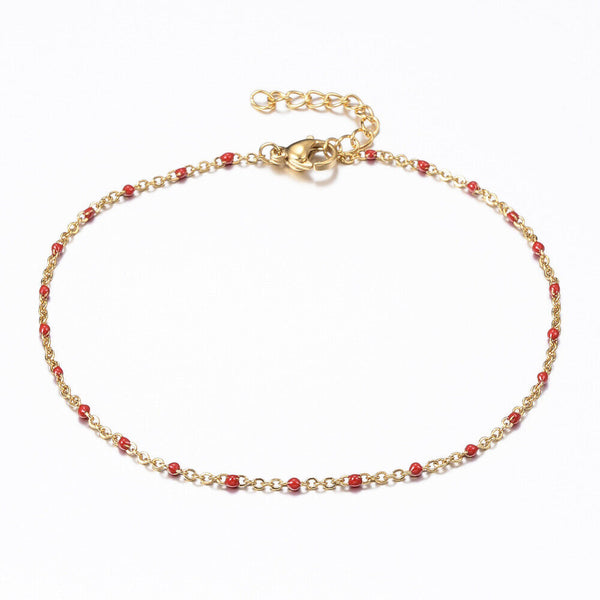 Stainless Steel Cable Chain Anklets Enamel Links Gold Red Adjustable 2mm P272