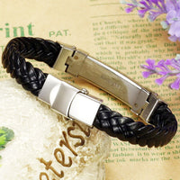 Mens Unisex Stainless Steel Black PU Leather Bracelet 8" G13