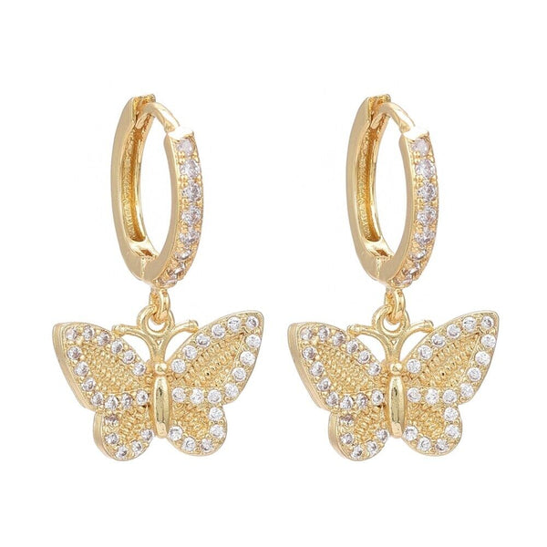 Cubic Zirconia Huggie Hoop Earrings Long-Lasting Butterfly Gold 25mm Z311