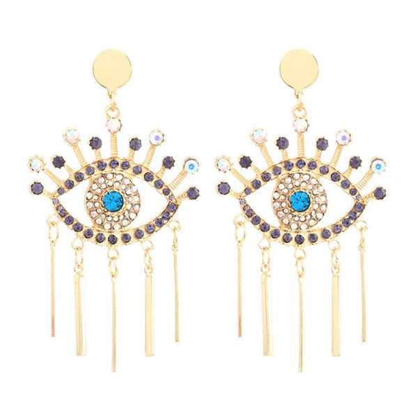 Alloy Ear Studs Dangle Earrings Rhinestone Eye ful Gold 96x52mm P318