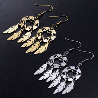 Stainless Steel Chandelier Earrings Dream Catcher Feather Silver 0.7mm Z391