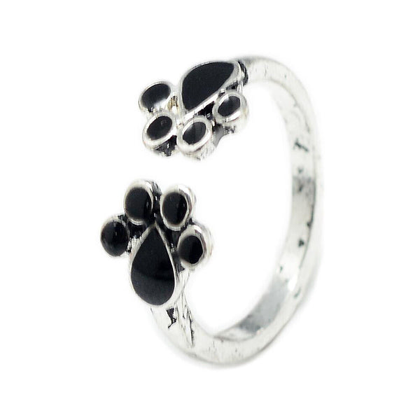 Enamel Alloy Cuff Ring Dog Footprint Antique Silver Size 4 Adjustable P423