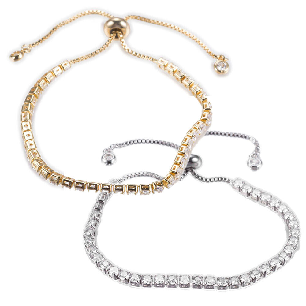 Adjustable Pave Cubic Zirconia Bracelets Bolo Bracelet Slider Gold 8.4"  P502