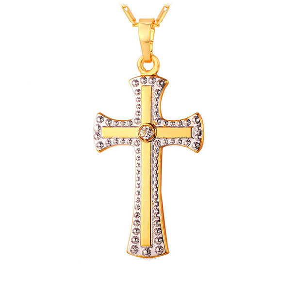 Gold Plated  Necklace Pendant Two Tone Gold Cross Religious Mens Unisex L66