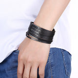 Leather Bracelet  Handmade Black 9 Inches 34MM Button Clasp L514