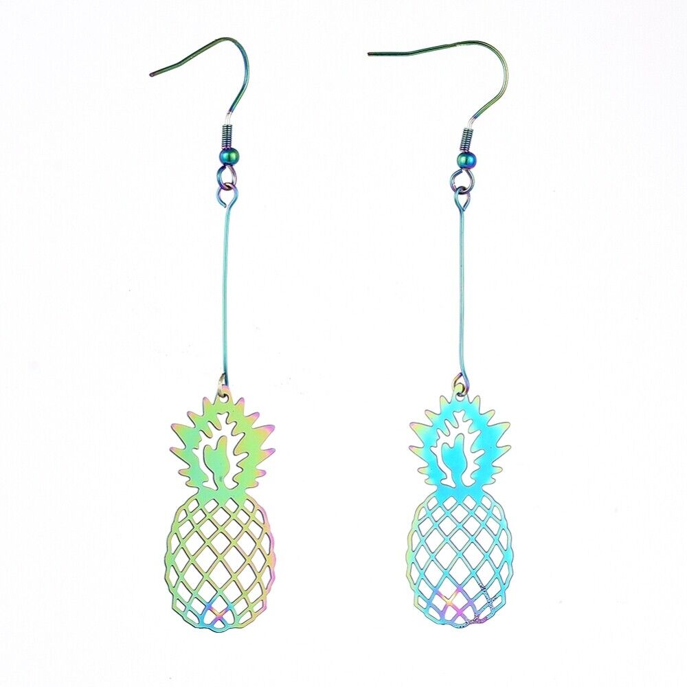 Stainless Steel Electroplated Dangle Earrings Pineapple Rainbow Purple 85mm P739