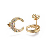 Pave Cubic Zirconia Stud Earrings Moon Gold ful 12x11.5x2.3mm Pin 0.7mm P343