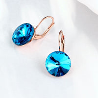 Rose Gold  Blue Earrings Dangle Drop Lever Back AAA Zirconia .56" L175