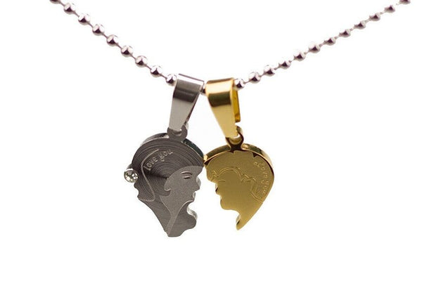 Stainless Steel Lovers Head Zirconia Pendant Beads Necklace Silver Gold L178