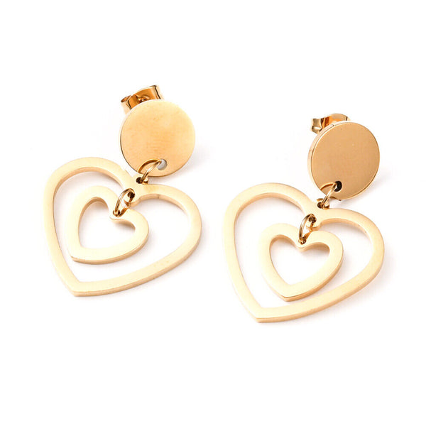 Stainless Steel Dangle Stud Earrings Earrings Heart Gold 36mm 0.7mm Z291