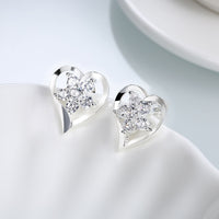 Sterling Silver Plated Earrings Stud AAA Zirconia Push Back Heart .6" L336