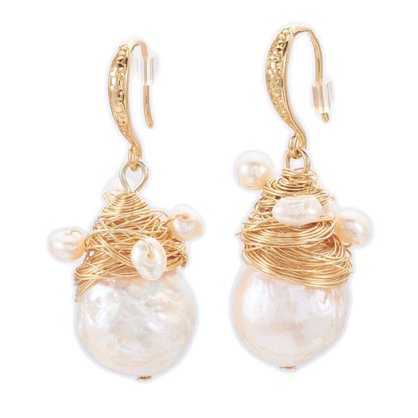 Peal Dangle Earrings Sea Shell Beads Hook Gold Plated Seashell 38mm P341