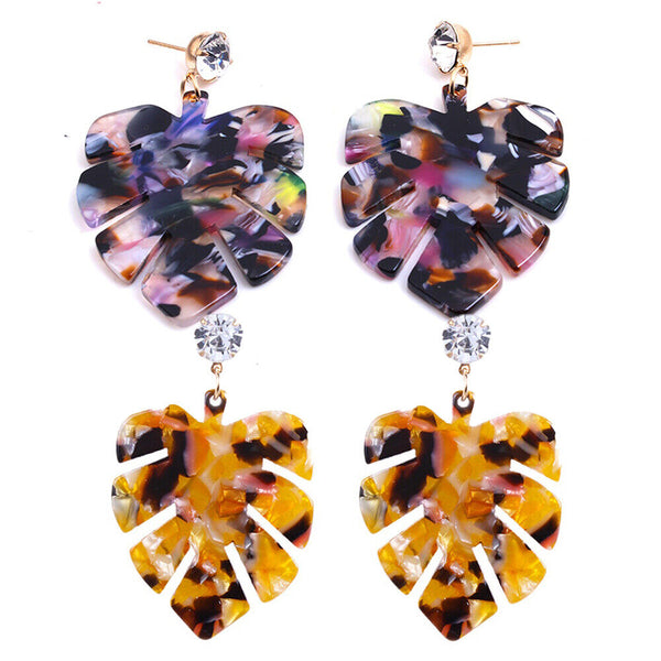 Resin Dangle Earrings Gold Tone Alloy Findings Rhinestone Leaf Colorful 2" P605