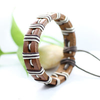 Genuine Leather Bracelet Men's Unisex  Wrap Tribal Brown White Adjustable H19