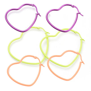 Stainless Steel Hoop Earrings Heart Purple Green Pink Yellow 1.5" To 2.2" P575