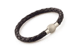 Genuine Leather Braided Stainless Steel Magnetic Clasp Bracelet Unisex Black