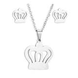 Stainless Steel Set Pendant Necklace Stud Earrings Lobster Crown Silver 17" A447