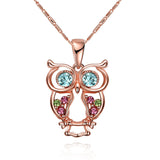 Rose Gold Plated Necklace Pendant Owl Zirconia Blue 19 Inches 1MM Lobster B155