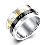 Stainless Steel Band Wedding Ring Black Yellow Men's Unisex Roman Numbers B424