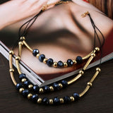 Yellow Gold Black Beads Soral Chain Double Necklace L83