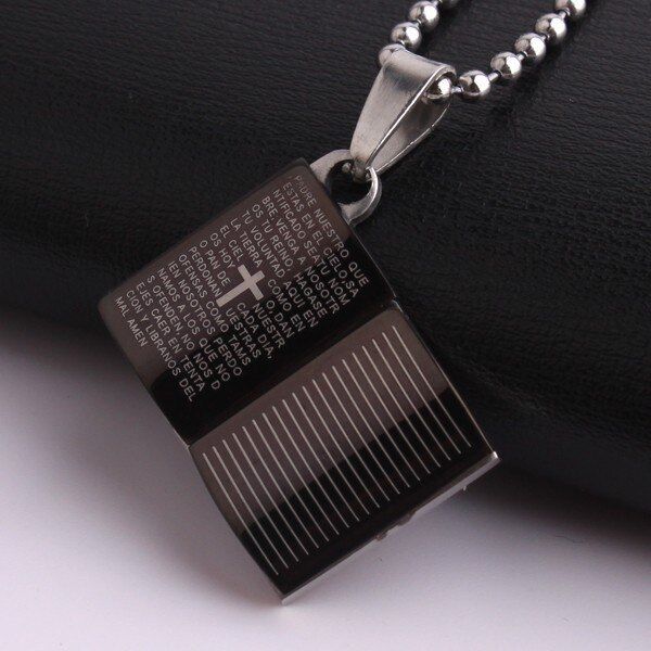 316L Stainless Steel Pendant 1.00 X0.69 Inch Book Silver  Necklace 22" B42