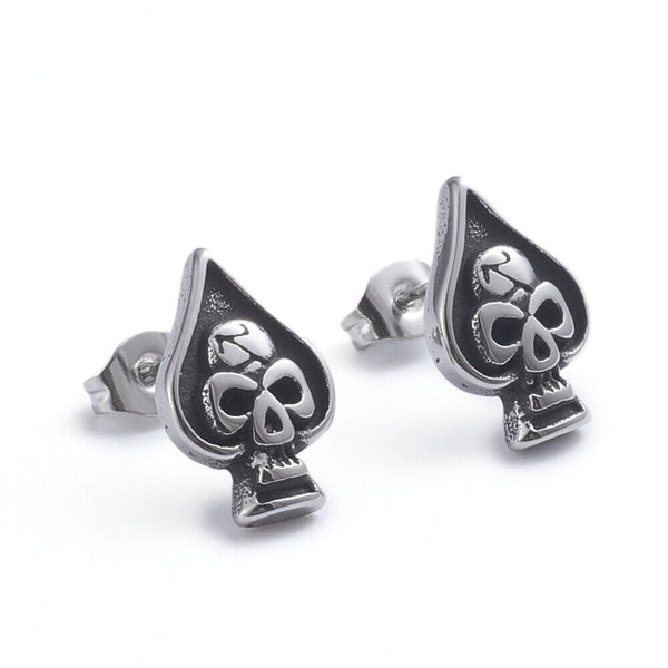 Retro Stainless Steel Earrings Spades Heart Skull Antique Silver  Z424