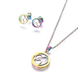 Stainless Steel Set Stud Earring Pendant Necklace Flat Round Heart 18" 9mm P10