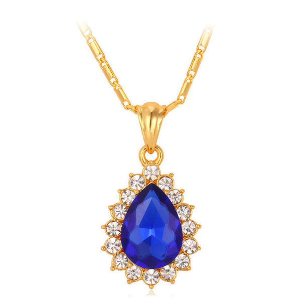 Gold Plated Necklace Pendant  Water Drop Crystal Stone Blue Women's L52