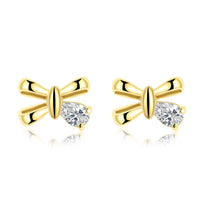 Yellow Gold Plated Earrings Bow Stud AAA Zirconia Push Back Clasp L493