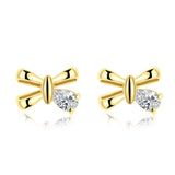 Yellow Gold Plated Earrings Bow Stud AAA Zirconia Push Back Clasp L493