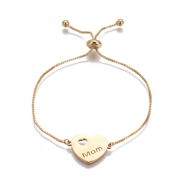 Mothers Day Stainless Steel Slider Bracelet Heart Mom Gold Adjustable Size P298